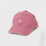Pink baseball hat with embroidered Chihuahua design on front and customizable back embroidery