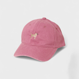 Pink baseball hat with embroidered Chihuahua design on front and customizable back embroidery