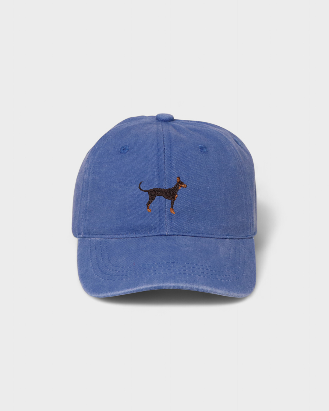 Doberman Personalised Hat with embroidered Doberman Pinscher design on blue cotton baseball cap.