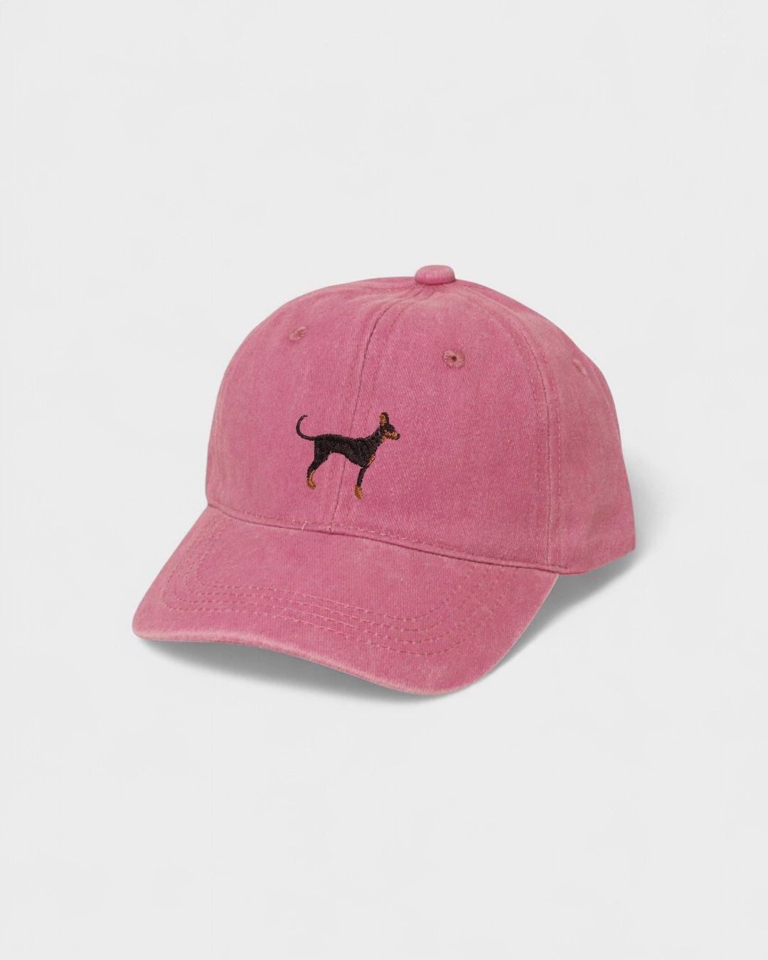 Doberman Personalised Hat with embroidered Dobermann design on pink baseball cap.