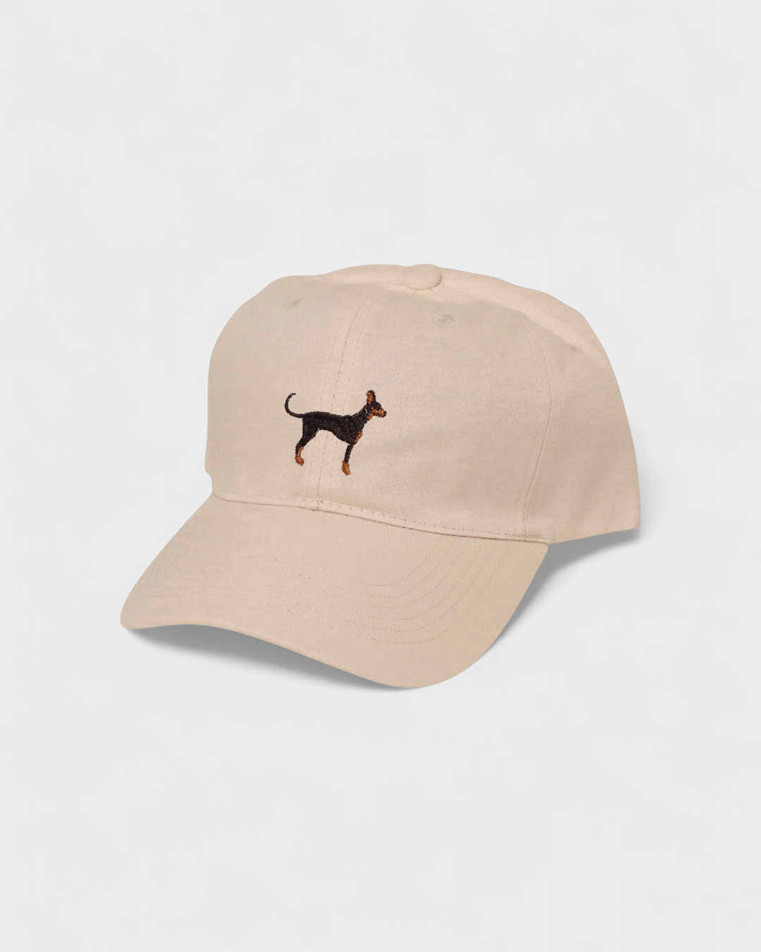 Dobermann Personalised Hat with embroidered Dobermann design on beige cotton baseball cap.