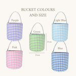Multicolored gingham personalised Easter buckets with hand-drawn embroidery in various styles.