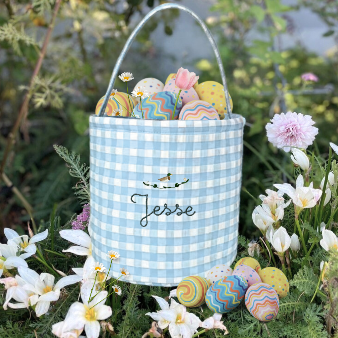 Personalised Easter bucket with gingham design and hand-drawn embroidery.