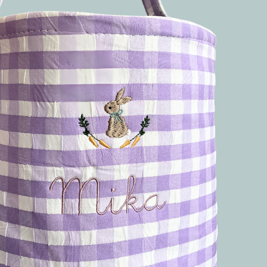 Personalised gingham Easter bucket with bunny and carrots embroidery design.