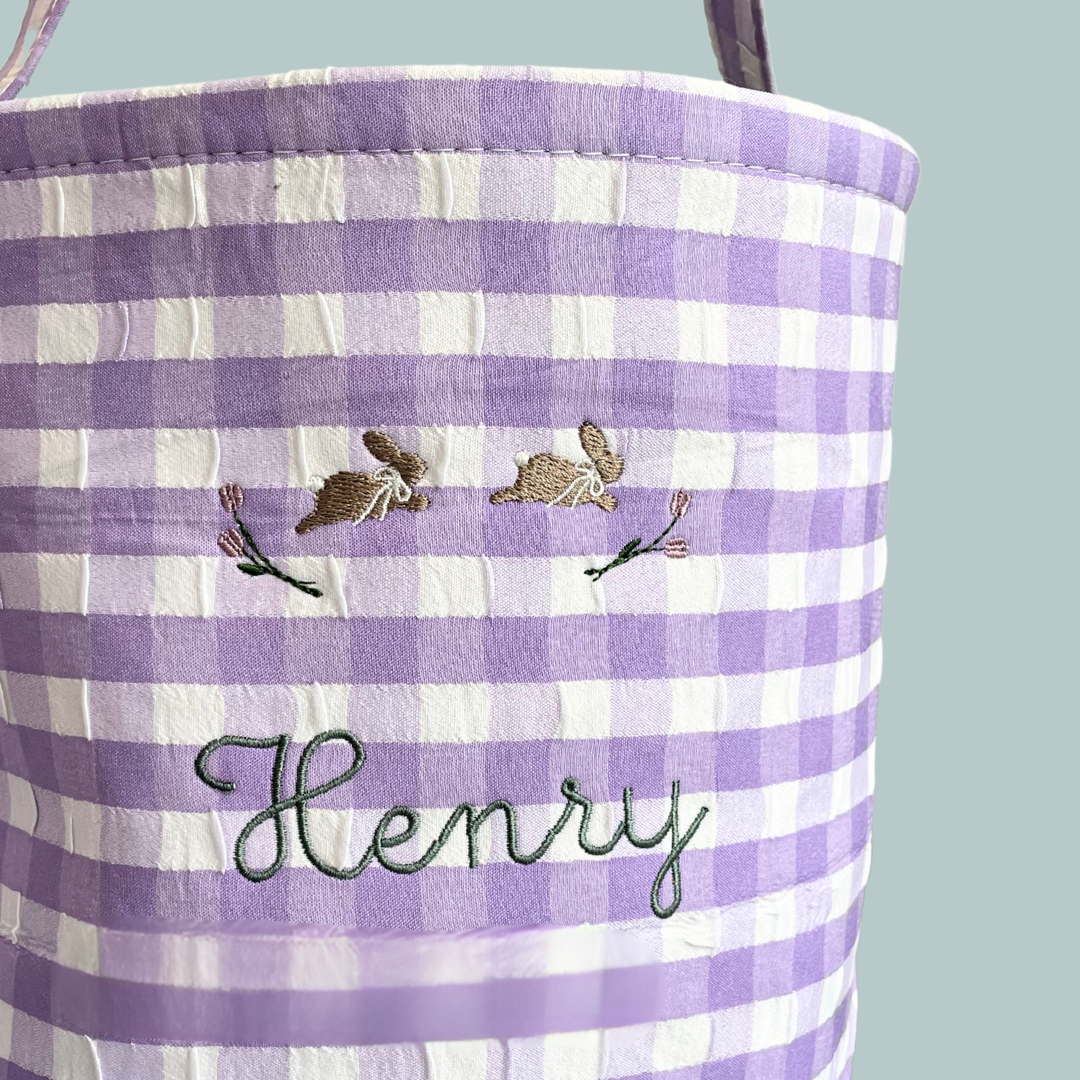 Gingham Personalised Easter Bucket with hand-drawn bunny embroidery.