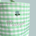 Personalised Easter Bucket with hydrangea embroidery on green gingham fabric