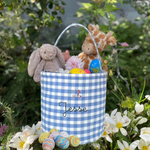 Mermaid-themed personalised Easter bucket with toys and eggs, blue gingham design.