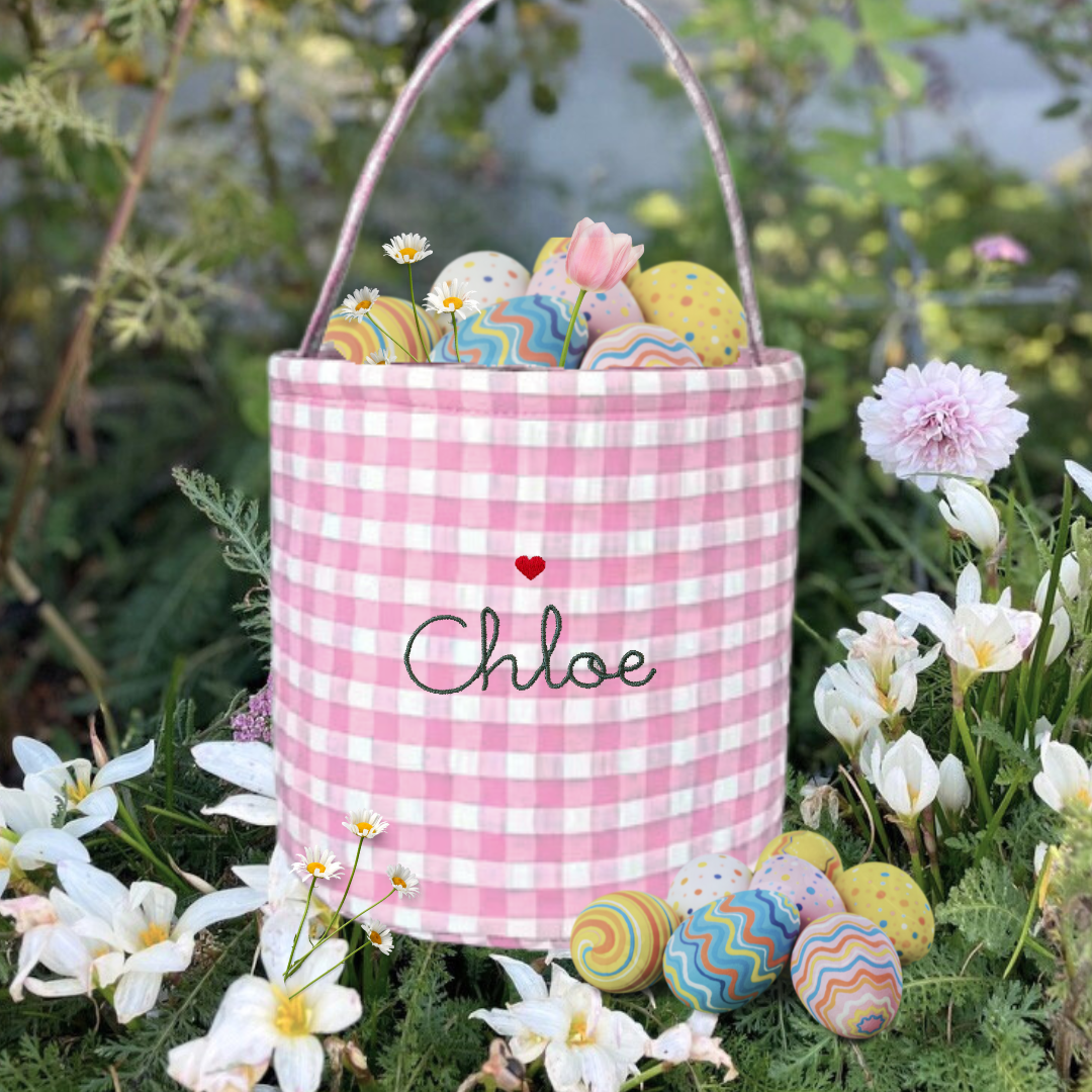 Personalised Easter Bucket with gingham design and hand-drawn embroidery.