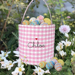 Personalised Easter Bucket with gingham design and hand-drawn embroidery.
