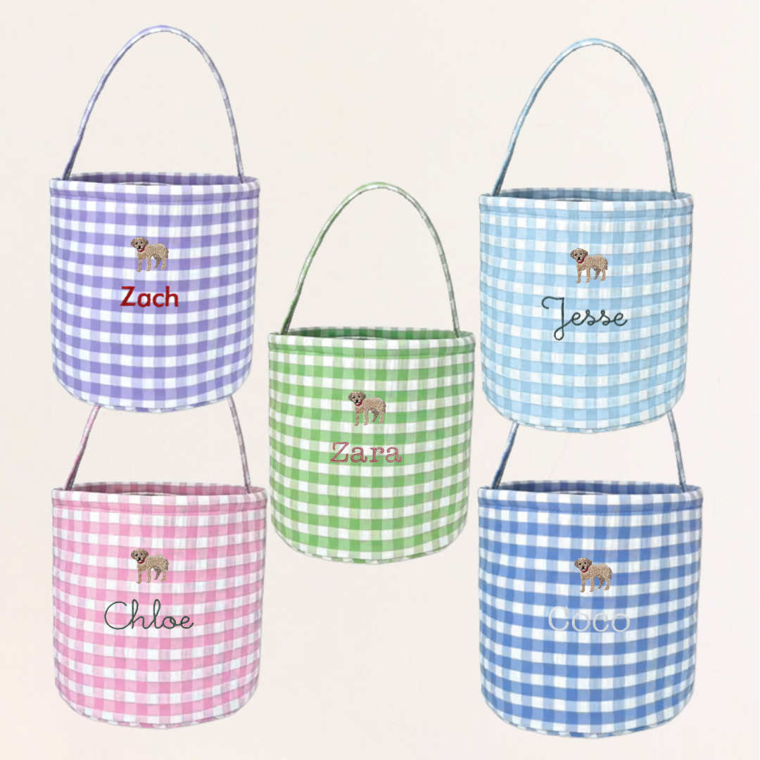 Personalised gingham Easter bucket with Labrador embroidery in various colors.