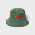 Green cotton Ferrari personalised bucket hat for kids with embroidered red car design