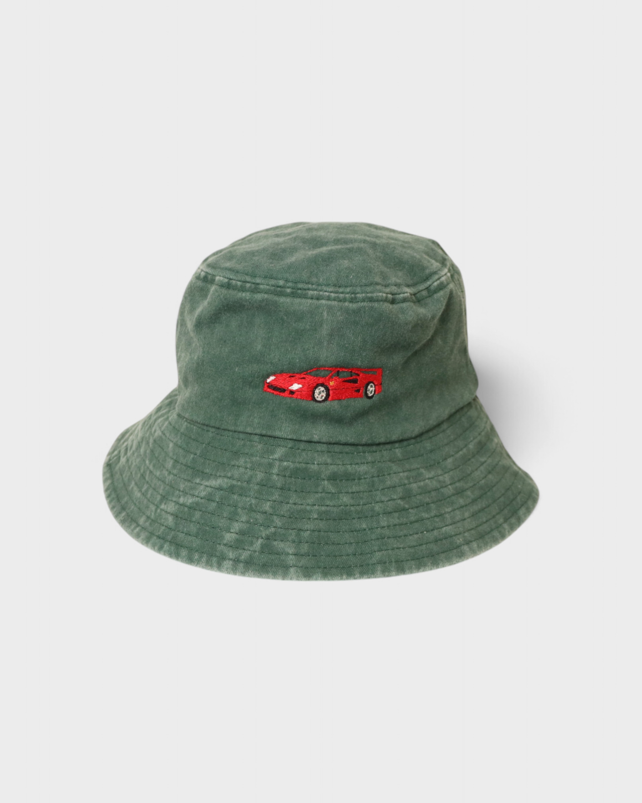 Green cotton Ferrari personalised bucket hat for kids with embroidered red car design