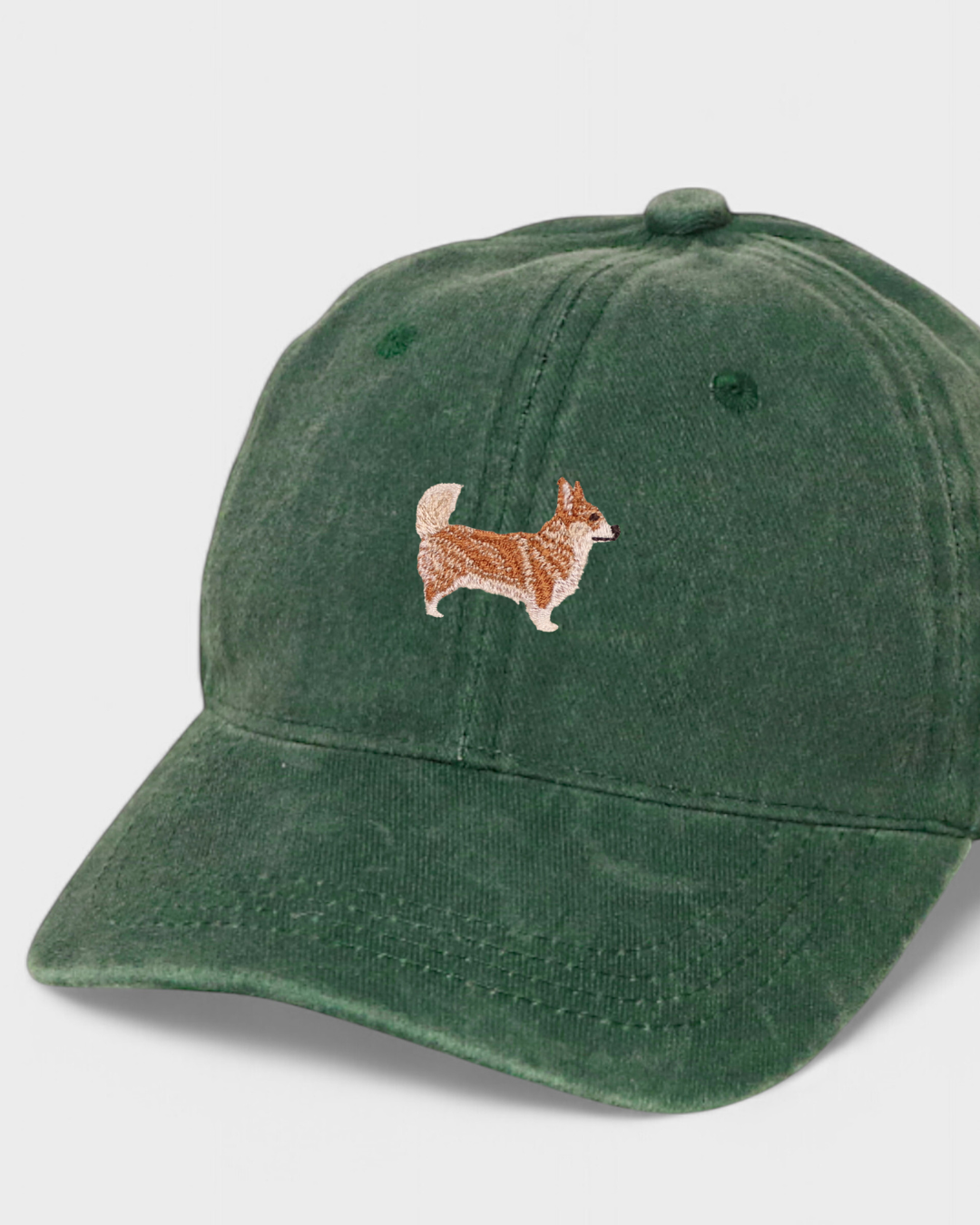 Corgi personalised hat with embroidered Corgi design on front, customized embroidery option on back, made of 100% washed cotton in baseball fit.