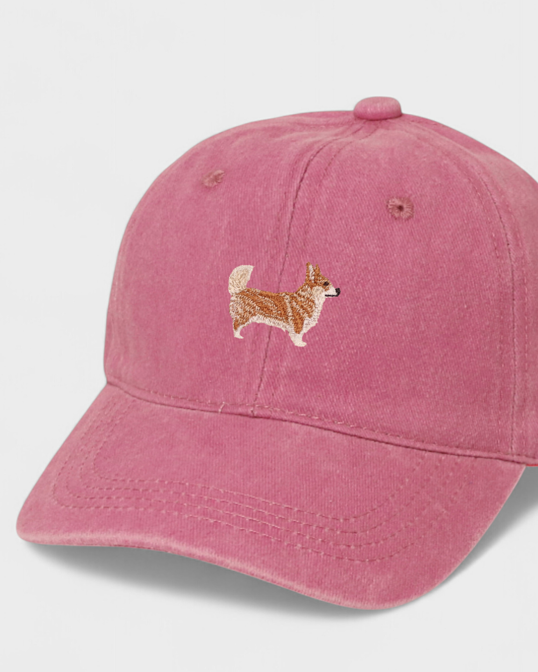 Corgi Personalised Hat with embroidered Corgi design on pink cotton cap.