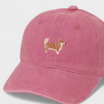 Pink Corgi Personalised Hat with embroidered Corgi design on front and custom embroidery options on back