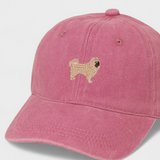 Pink Cavoodle personalised baseball hat with embroidered dog design on front made of 100% washed cotton