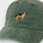 Green baseball cap with embroidered German Shepherd design front and personalized embroidery option on back