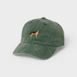 Green washed cotton German Shepherd personalised hat with embroidered dog design on front and customizable back embroidery in Auckland, New Zealand.