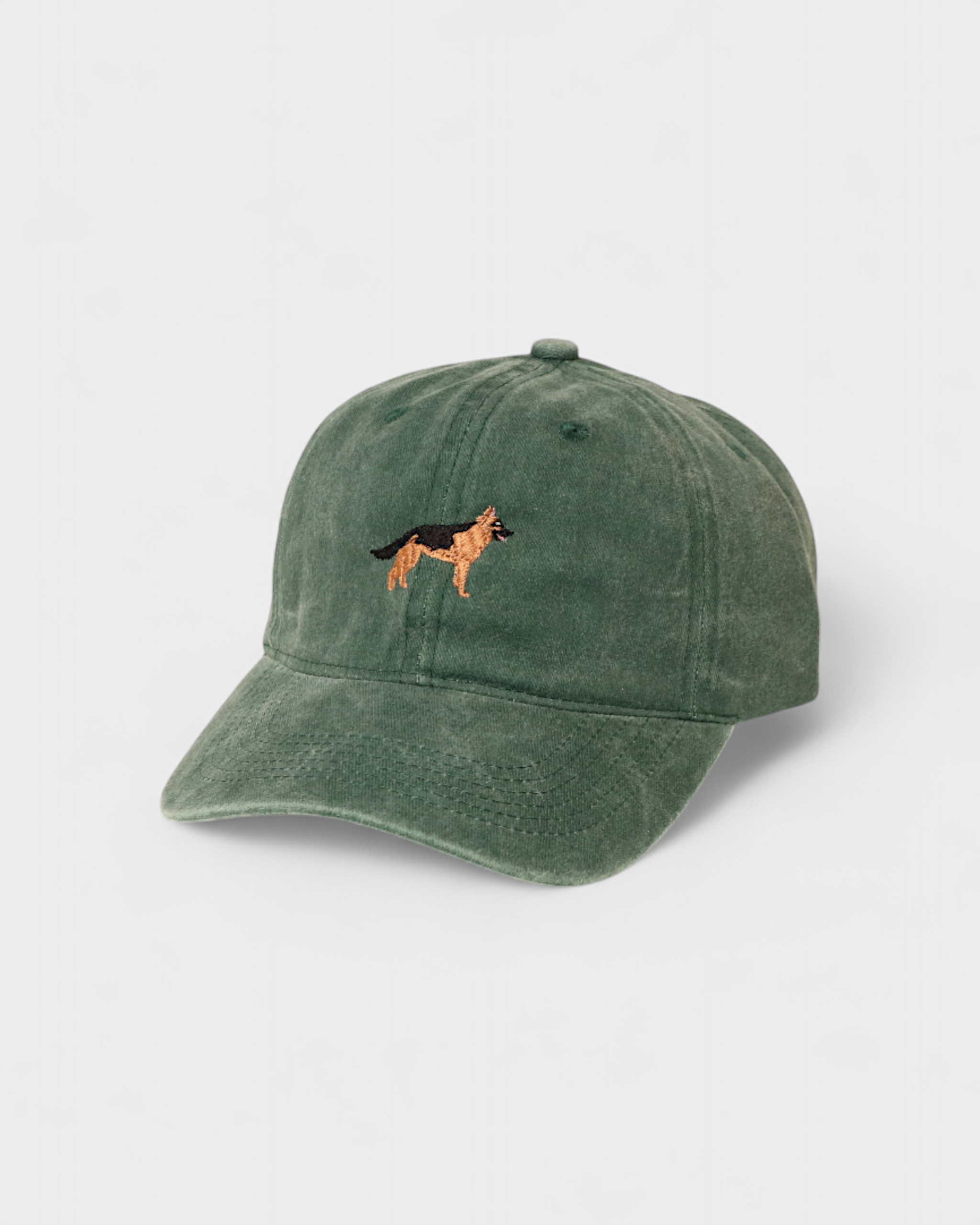 Green washed cotton German Shepherd personalised hat with embroidered dog design on front and customizable back embroidery in Auckland, New Zealand.