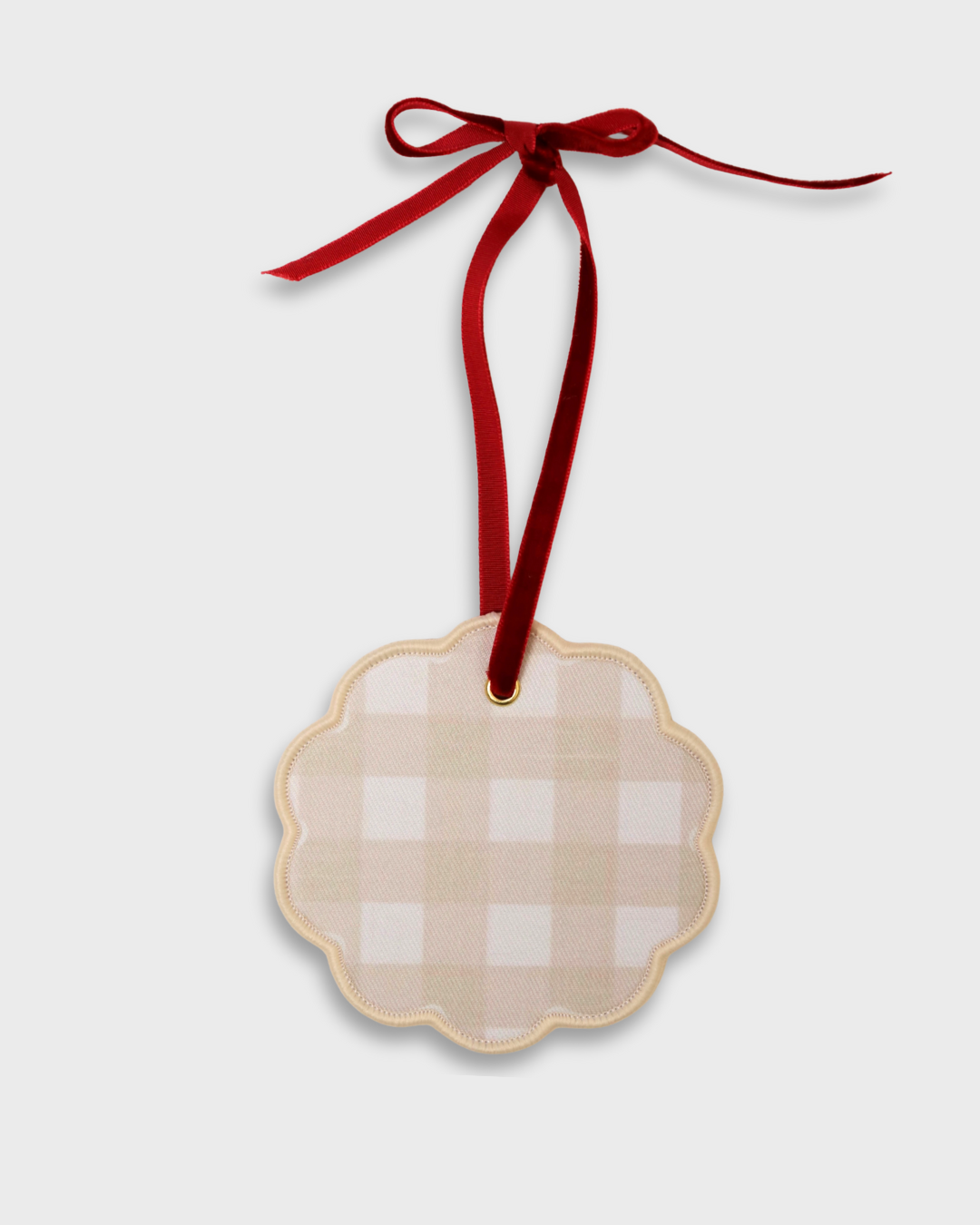 Personalised pet ornament with beige gingham pattern and red velvet ribbon for holiday decoration