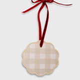 Custom pet ornament with natural gingham pattern and red velvet ribbon for holiday decoration pet ornaments