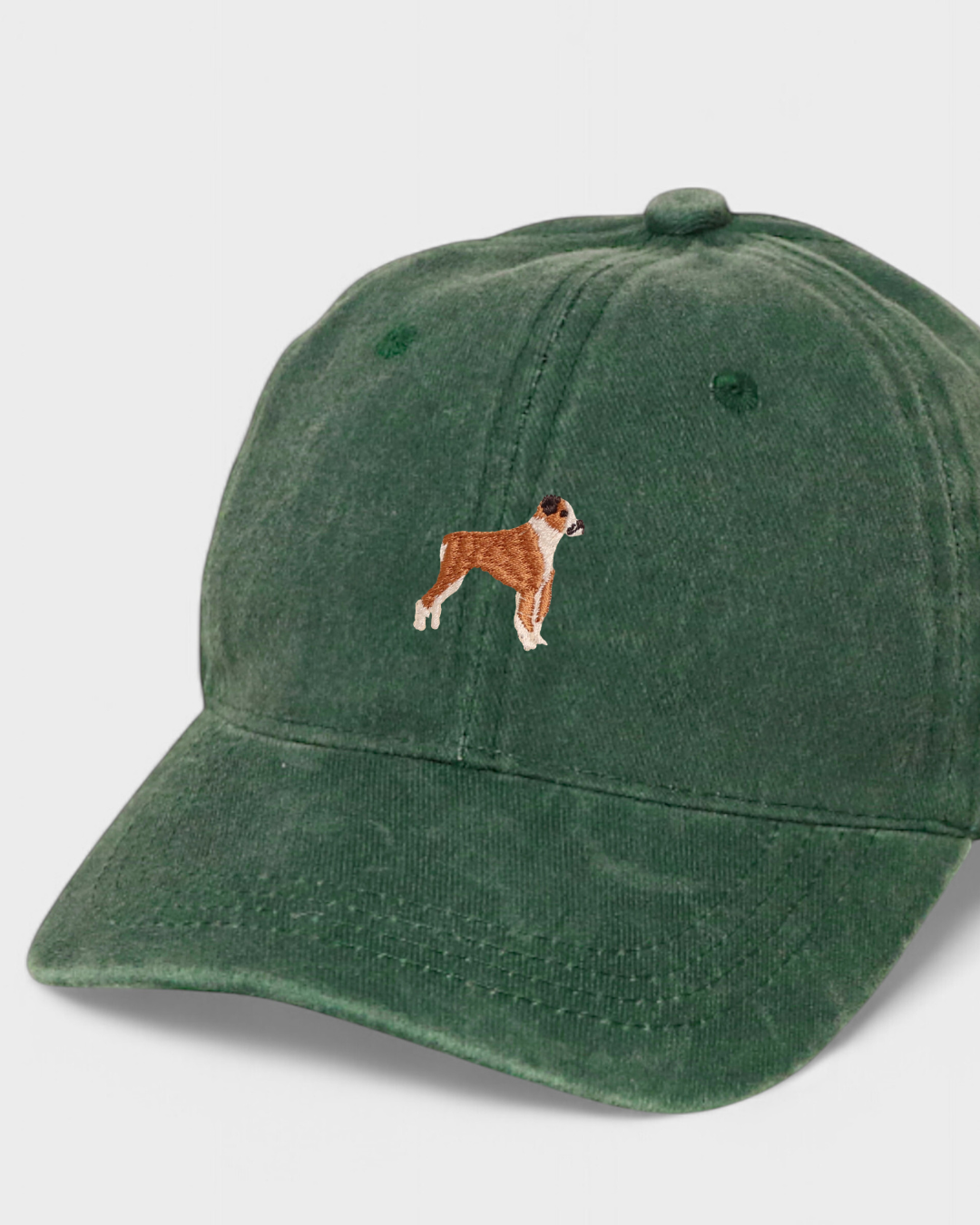 Boxer Dog personalised hat with embroidered design on green cotton baseball cap.