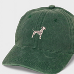 Green Dalmatian personalised hat with embroidered Dalmatian design on front, made of 100% washed cotton baseball cap.