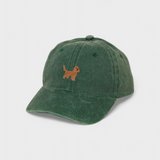 Green baseball cap with embroidered brown Cocker Spaniel dog on front, personalized hat made of 100% washed cotton.