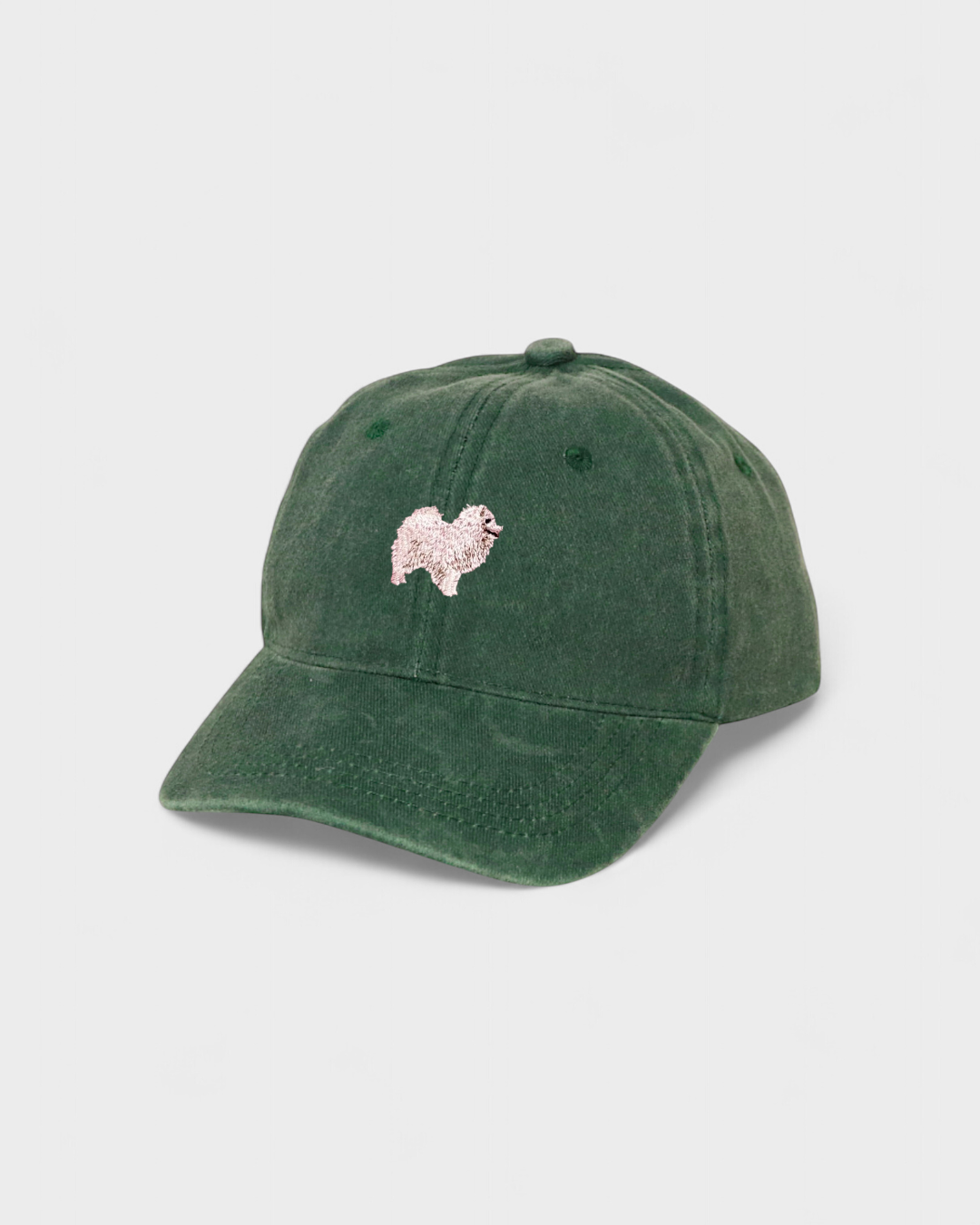 Green Japanese Spitz personalised cotton baseball hat with embroidered dog design on front