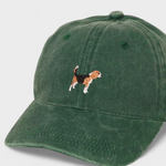Green Beagle Personalised Hat with embroidered Beagle design and customisable back embroidery in cotton baseball style