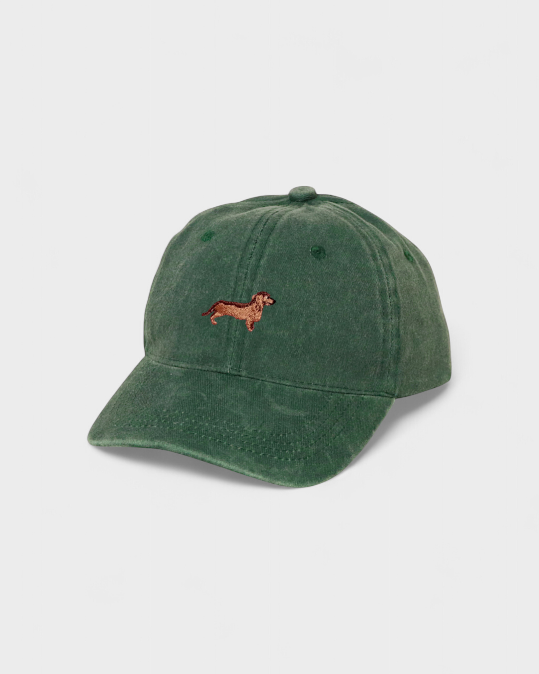 Dachshund embroidered green personalised hat in washed cotton.
