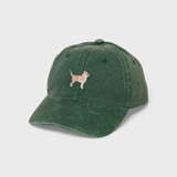 Dark green baseball cap with hand-embroidered Chihuahua design on front, personalized embroidery option on back, made of 100% washed cotton.