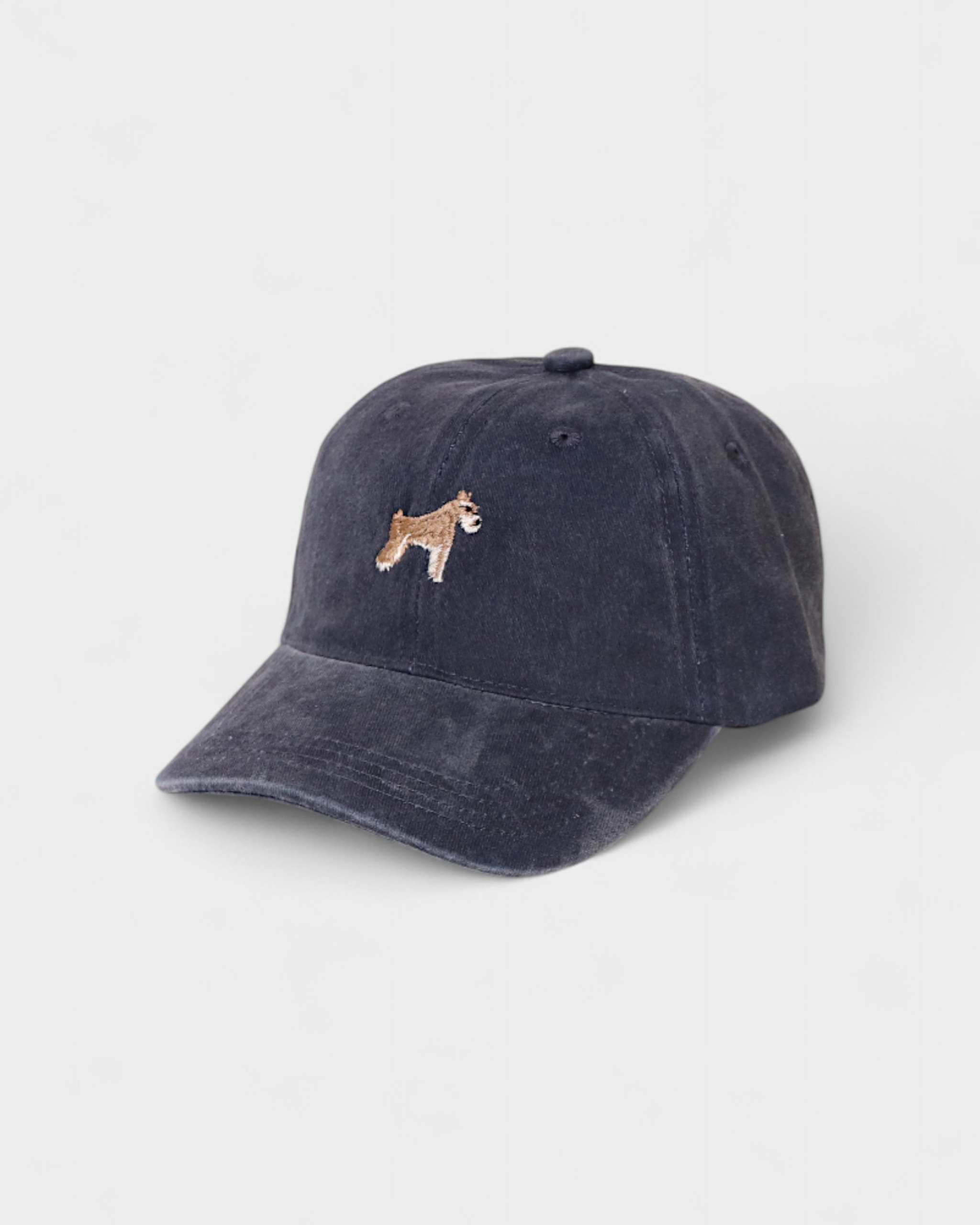 Schnauzer personalised hat with embroidered design on front and custom back embroidery.