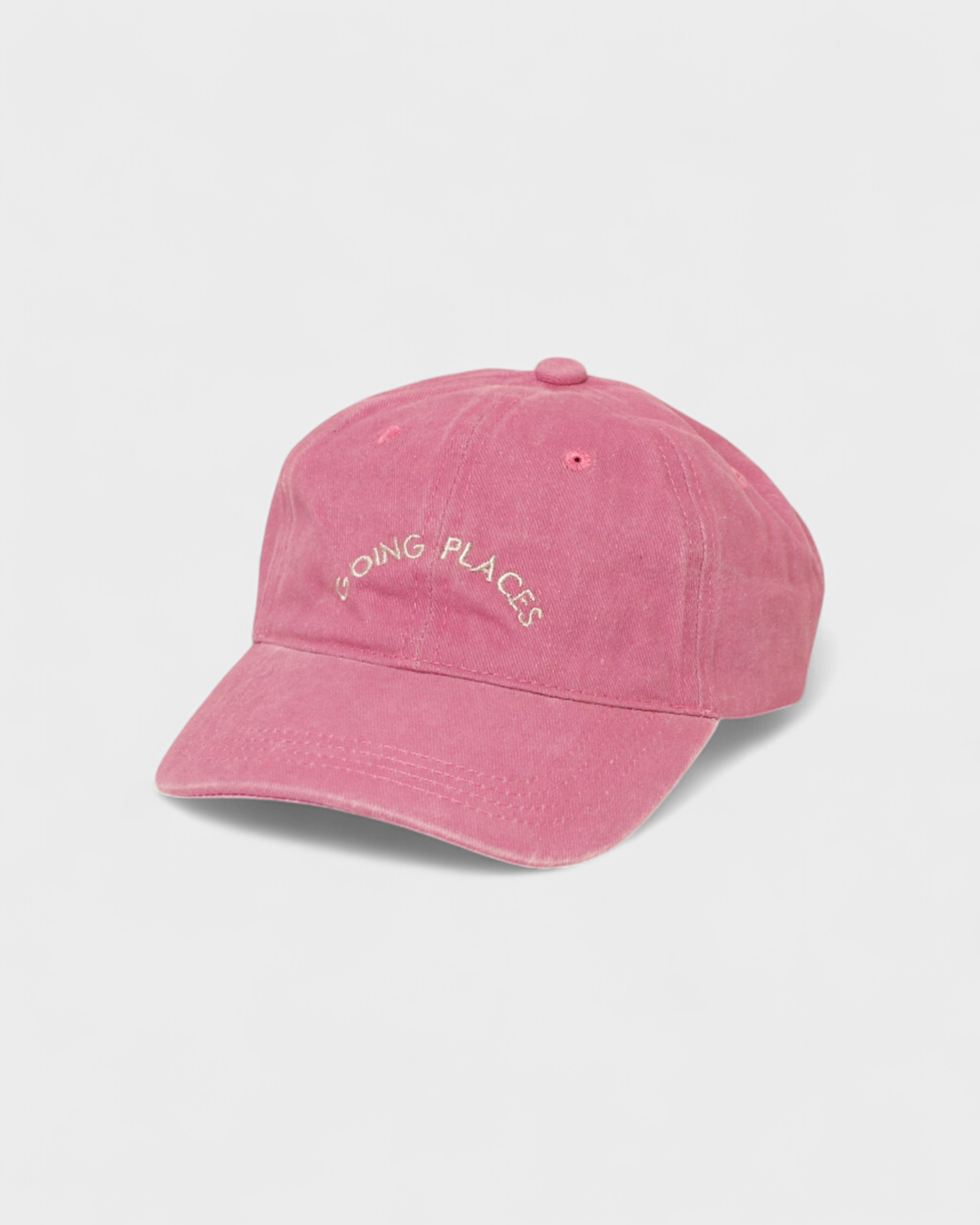 Places Personalised Hat in pink with embroidered "GOING PLACES" text, made of 100% washed cotton, baseball fit.