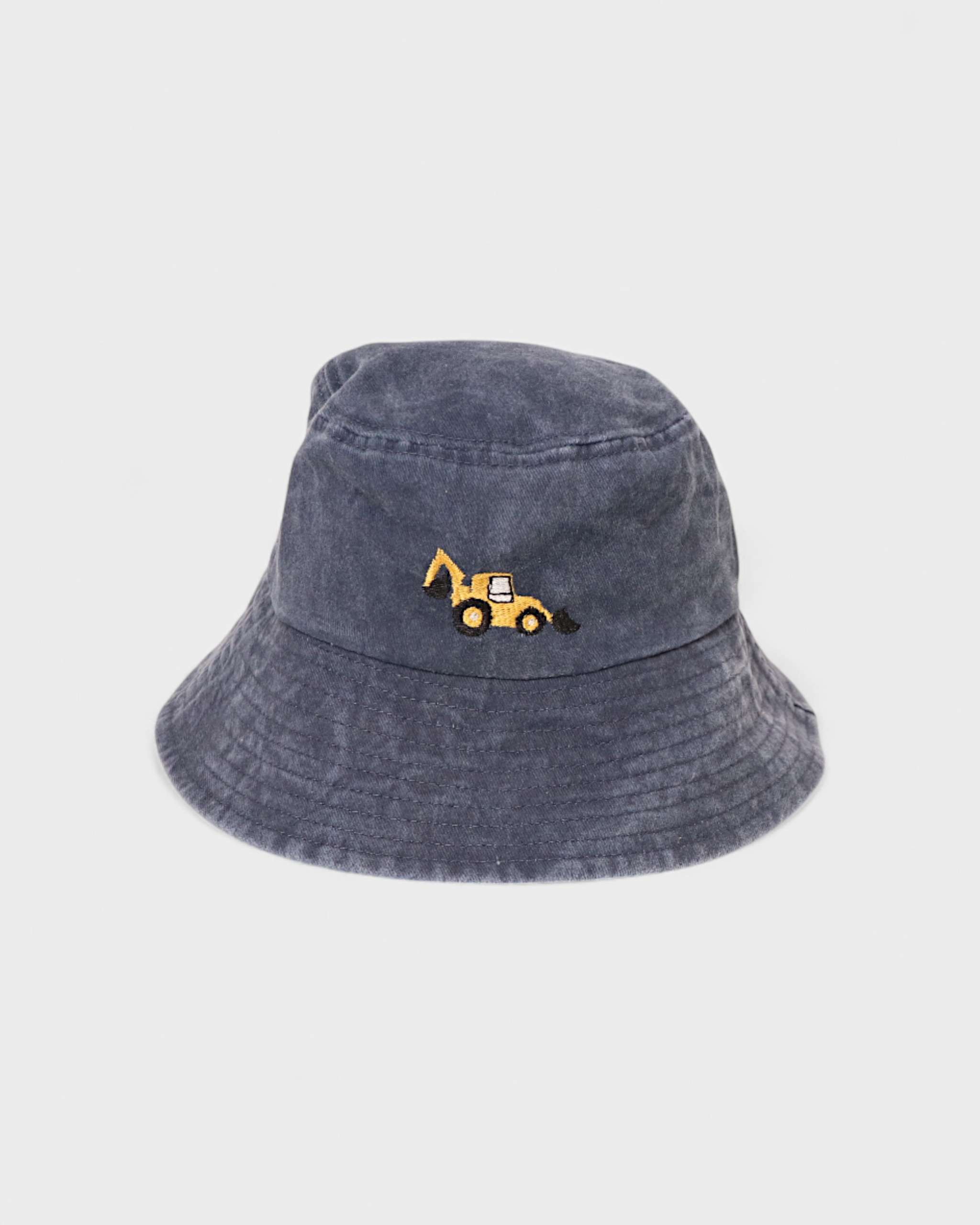 Digger Personalised Bucket Hat for kids aged 2-6, embroidered with a digger, made of 100% washed cotton.