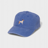 Blue baseball cap featuring an embroidered Jack Russell Terrier and customizable back embroidery, made from 100% washed cotton.