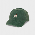 Green washed cotton baseball hat with embroidered hand-drawn Jack Russell Terrier and customizable back embroidery.