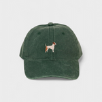 Green baseball cap with embroidered hand-drawn Jack Russell Terrier design, personalised embroidery option on back, 100% washed cotton.