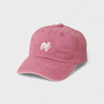 Pink washed cotton baseball cap with embroidered Japanese Spitz design and personalized back embroidery option