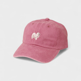 Pink washed cotton baseball cap with embroidered Japanese Spitz design and personalized back embroidery option