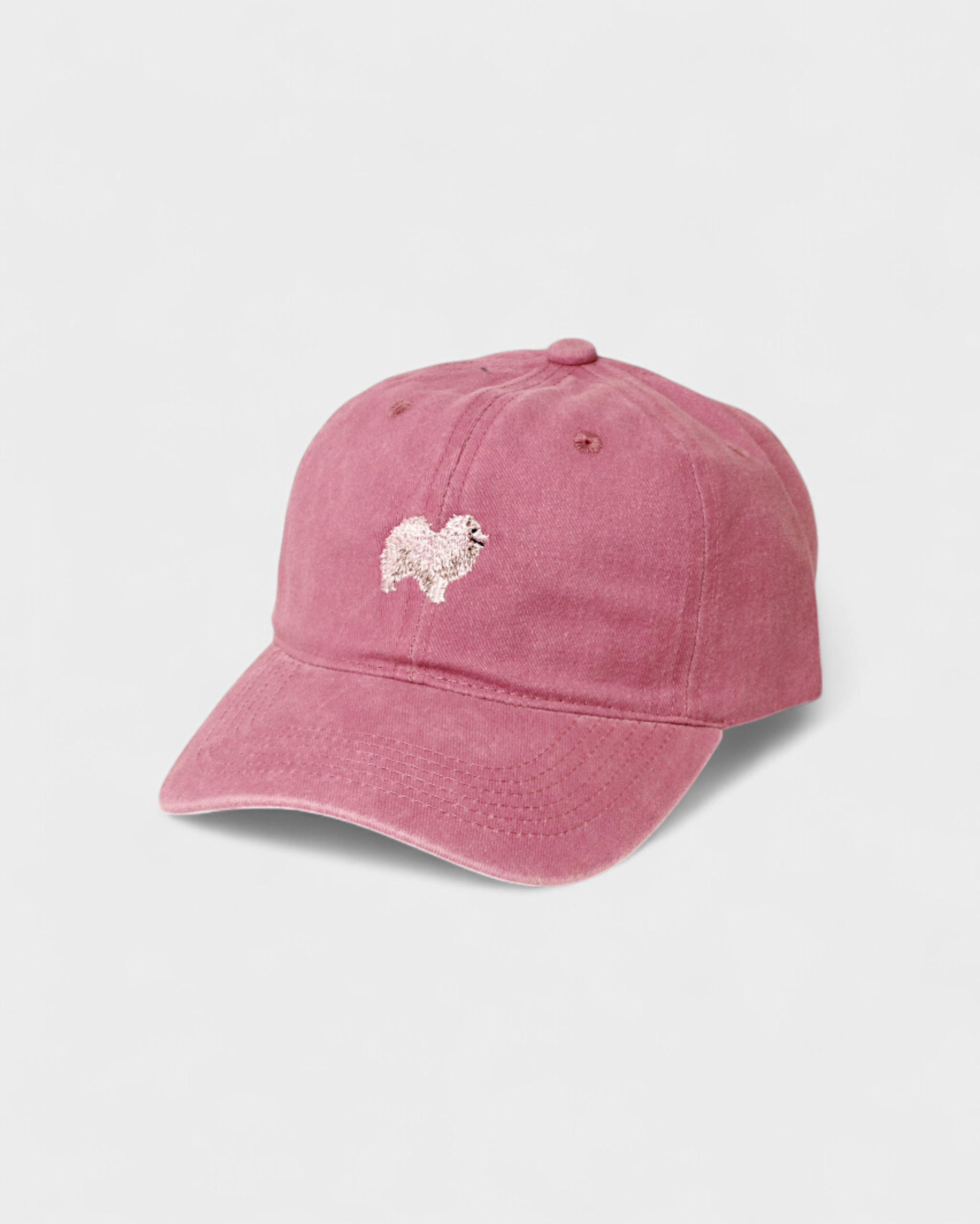 Pink washed cotton baseball cap with embroidered Japanese Spitz design and personalized back embroidery option