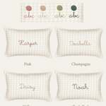 Duck egg blue gingham linen nautical cushion with personalized embroidered names in pink, champagne, willow, and dark teal thread options.