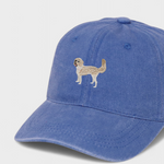 Blue baseball hat with embroidered Vizsla dog design, personalized embroidery option, made of 100% washed cotton.