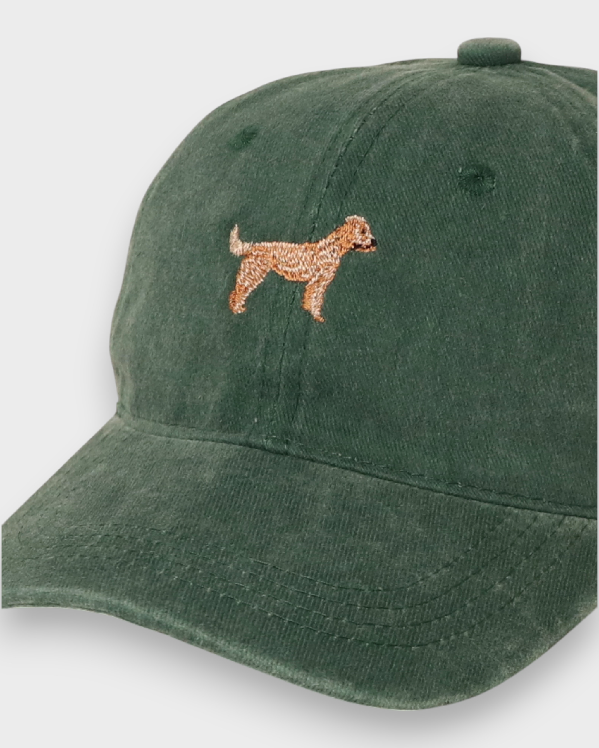 Labradoodle personalised hat with embroidered design in green cotton baseball style.