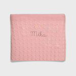 Merino baby blanket with moon and stars design, pink with personalized embroidery.
