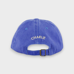Blue airplane embroidered personalised hat with adjustable strap and custom text.