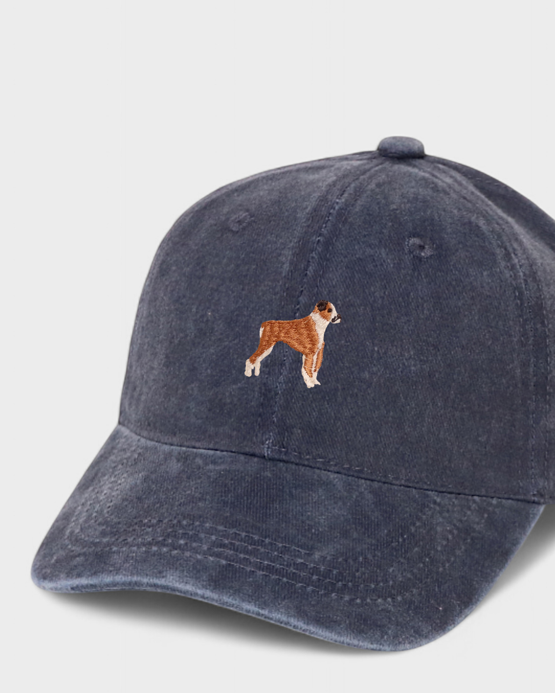 Boxer personalised hat with embroidered dog design on front.