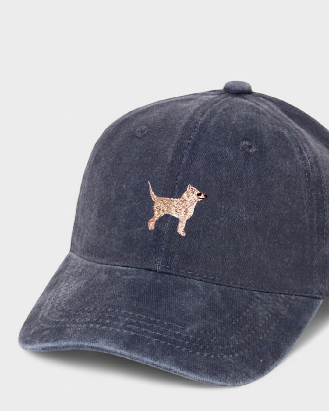 Chihuahua embroidered personalised hat in navy washed cotton.