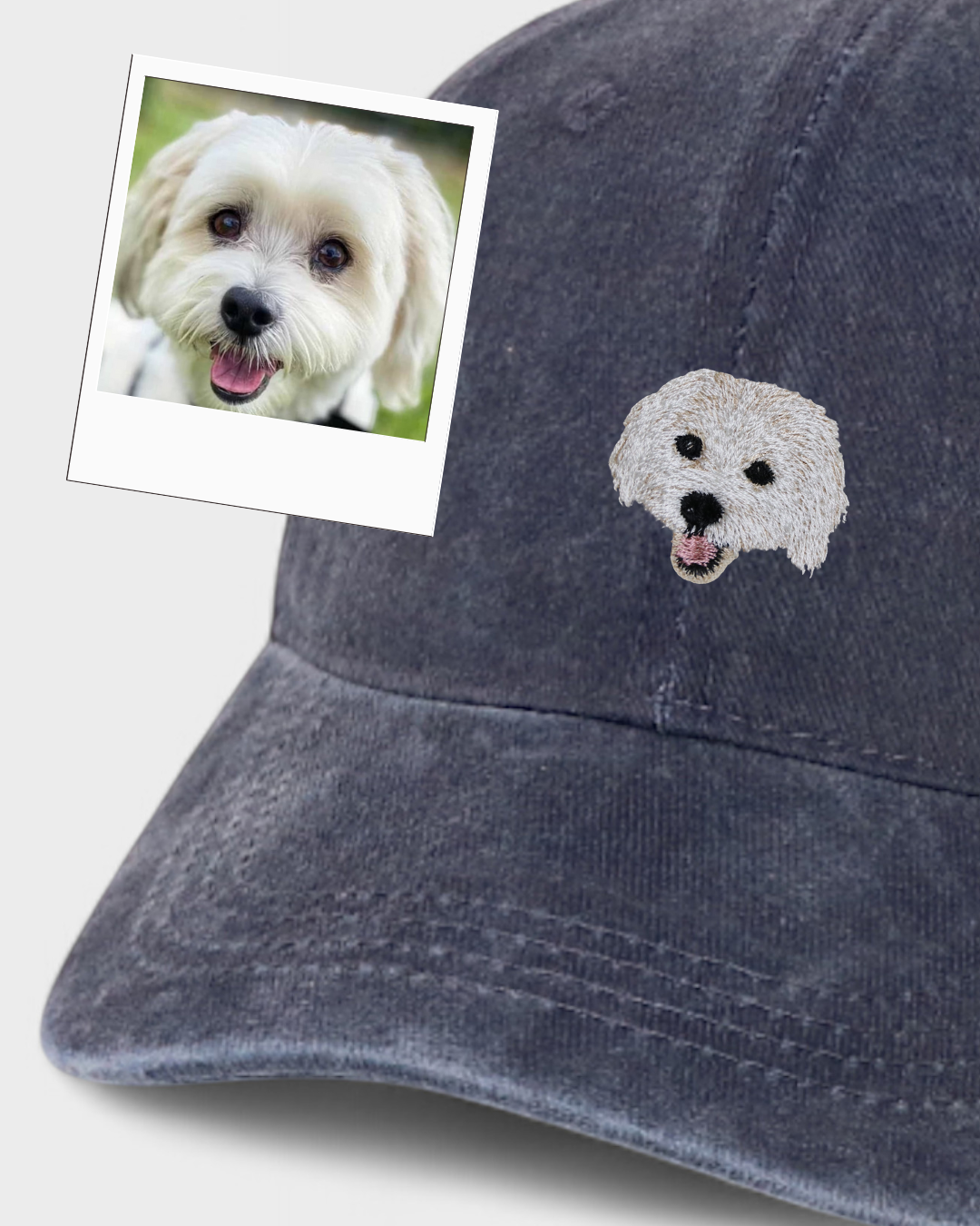 Custom Pet Hat with embroidered white dog portrait on washed cotton baseball cap, personalized with pet photo embroidery design.