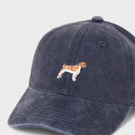 Navy blue Brittany Spaniel personalised hat with embroidered dog design on front, made of 100% washed cotton baseball cap